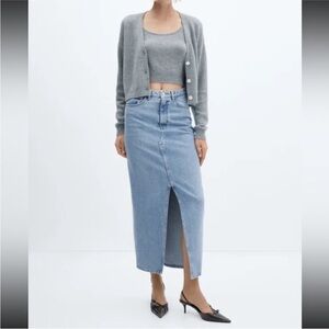 Mango light wash denim midi skirt